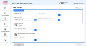 The Power App allows managers to submit new requisitions